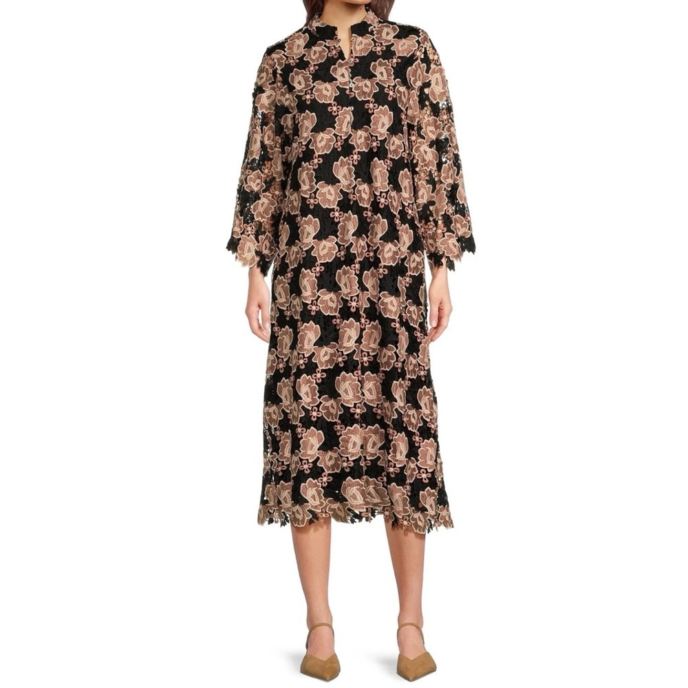 J.Marie Women's Black Floral Talia Lace Mandarin Collar Midi Caftan Dress NWT